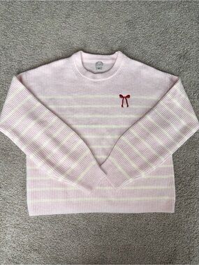 a new day Light Pink Striped Crewneck Sweater with Red Bow